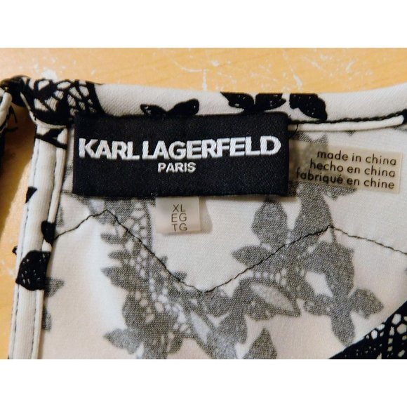Karl Lagerfeld Shirt XL Black White Floral 3/4 Sleeves Lace Trim Polyester Blend - Picture 8 of 8